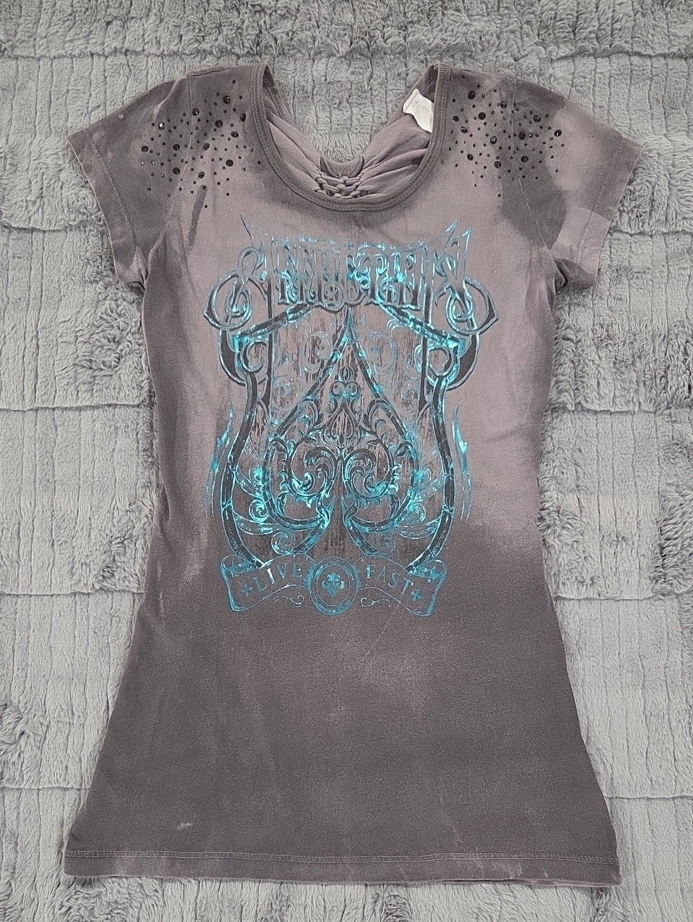 Women's Affliction Gray Graphic Tee with Teal Metallic Print